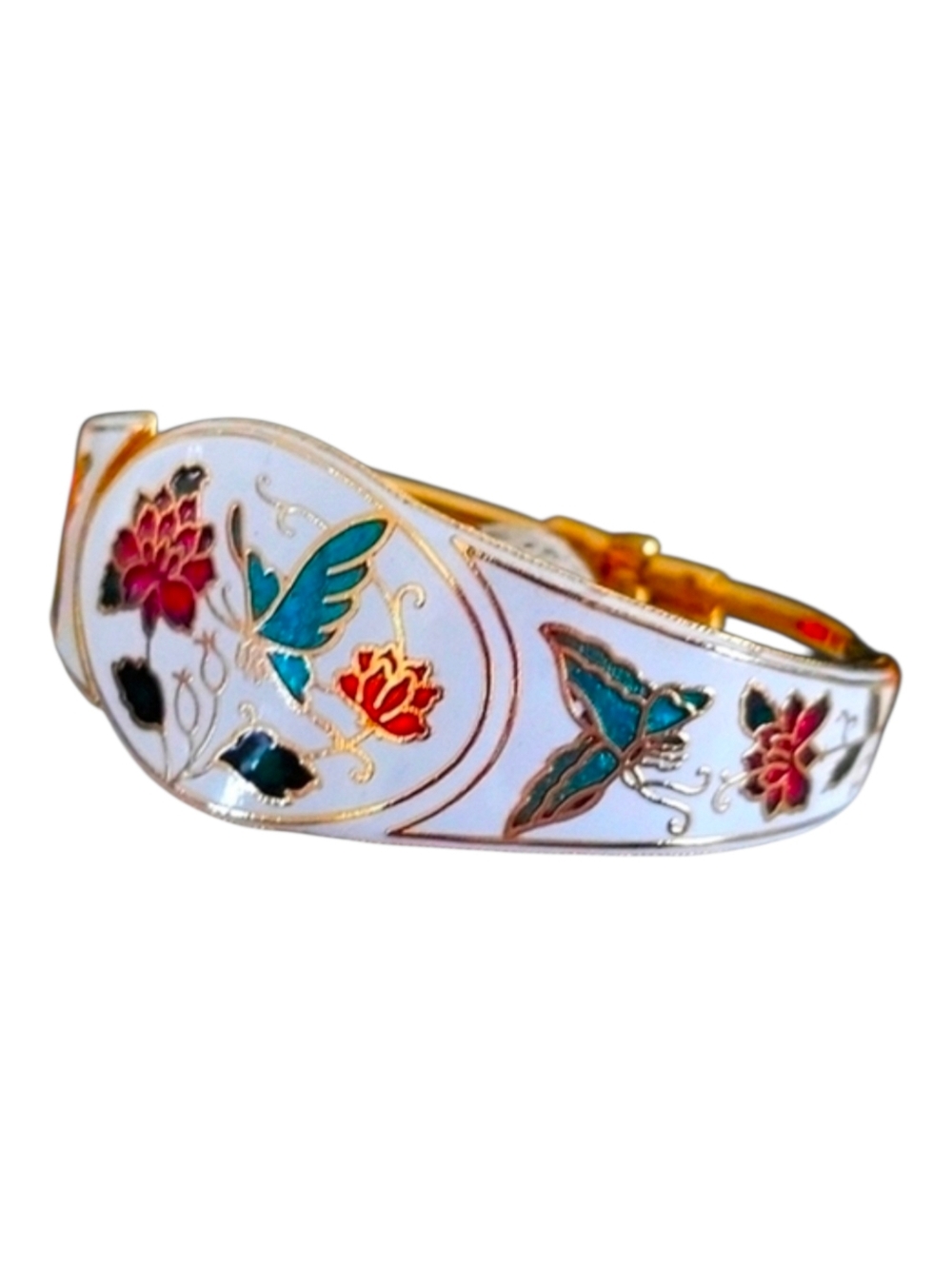 Vintage White Cloisonnè Or Champleve Enamel Hinged Cuff Clamper Bracelet